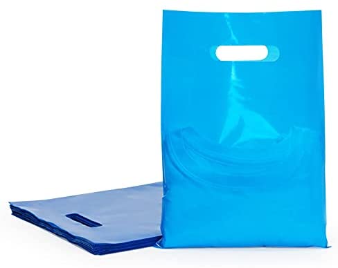 Blue Plastic Merchandise Bags with Handles for Retail, Party Favors